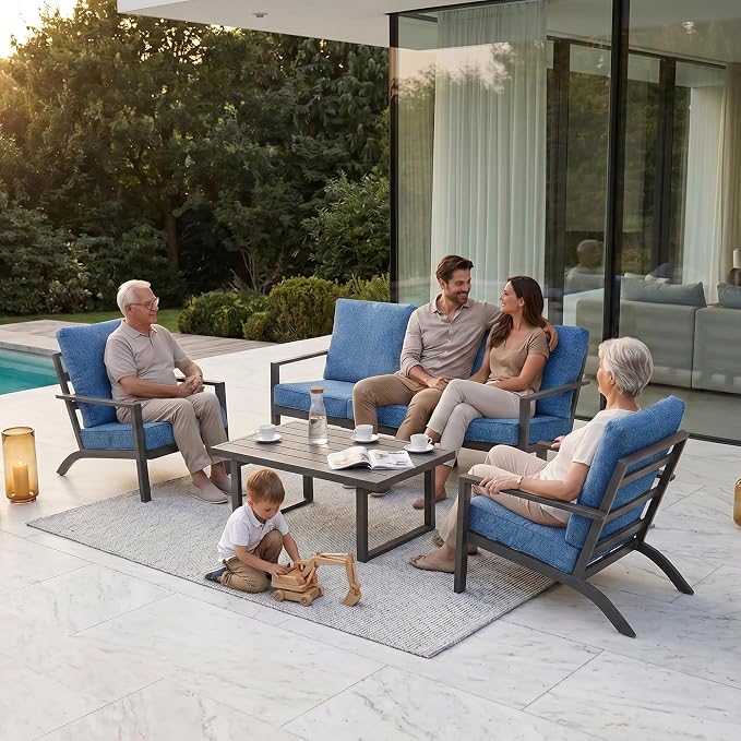 Aluminum Patio Furniture Set With Height-Adjustable Coffee Table, 4-Piece Patio Lounge Set With 5-Inch Washable Thickened Cushions, Outdoor Couch Sectional Suitable For Poolside Balconies Garden, Blue