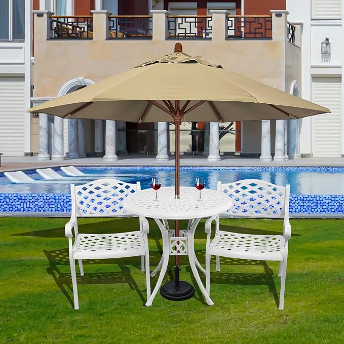 3 Piece Cast Aluminum Bistro Set With Umbrella Hole, Outdoor Patio Furniture With Adjustable Foot Cap, Metal Table and 2 Chairs for Garden, White