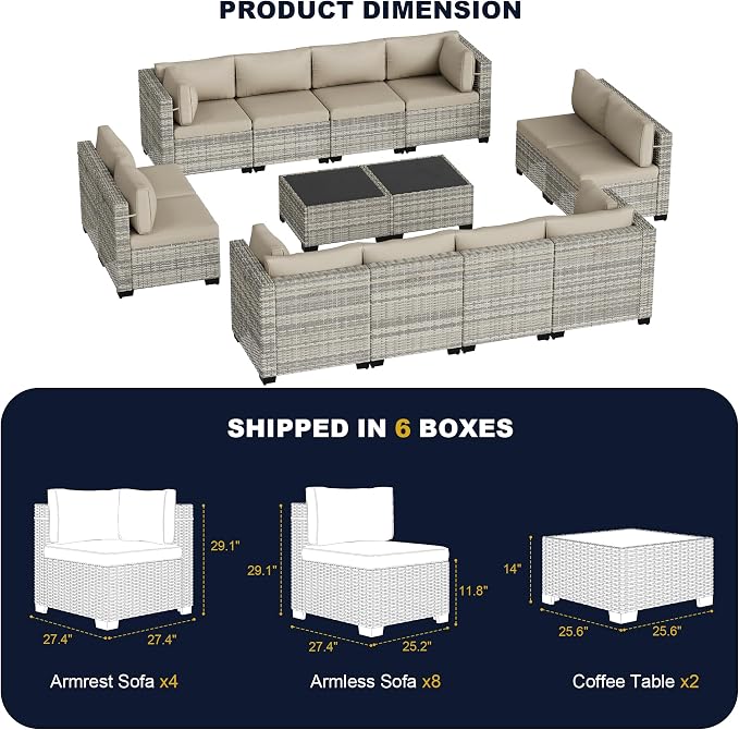 14-Piece Outdoor Patio Furniture Set, PE Wicker Rattan Sectional Sofa Conversation Set with Tempered Glass Table & Thick Cushions - All-Weather Garden, Backyard Furniture, Beige
