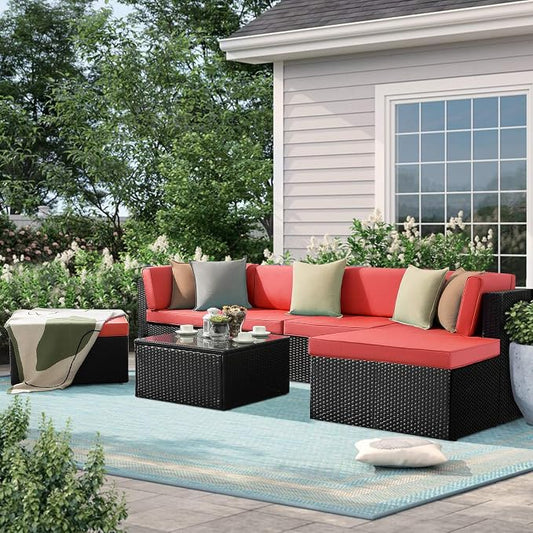VITESSE 7 Pieces Patio Furniture Sectional Sets, Outdoor All Weather PE Rattan Wicker Lawn Conversation Sets, Garden Sofa Set with Coffee Table and Washable Cushion, 7 Pieces, Red