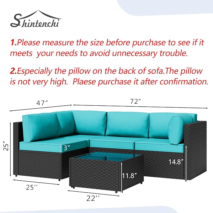 5 Piece Outdoor Patio Furniture Set,Black PE Rattan Wicker Sectional Sofa, All Weather Conversation Set with Washable Cushions & Glass Coffee Table for Backyard Poolside Garden Porch,Blue
