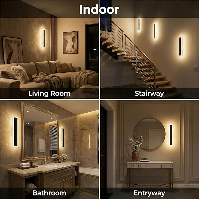 Modern Linear Outdoor Wall Lights, 24" LED Exterior Wall Sconce for Porch & Garage, IP65 Waterproof Architectural Facade Lighting, 3CCT Dimmable Matte Black Fixture for Front Door Entryway