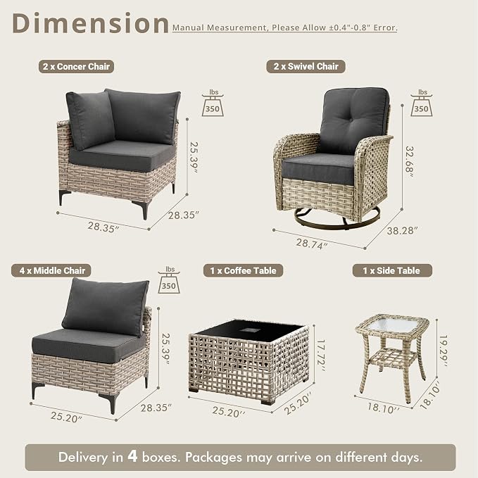 10 Pieces Patio Sectional Furniture Set, Outdoor Wicker Sectional Couch with High Back Swivel Rocker Chairs Solar Lights Table, Modern Conversation Set for Porch Balcony Backyard, Black