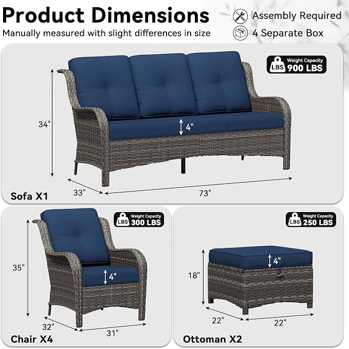 7 Piece Outdoor Wicker Patio Furniture Set, Patio Chairs Set with Thickened Olefin Cushions, High Back and Deep Seating, Hand-Woven PE Rattan, Ottoman for Porch, Deck