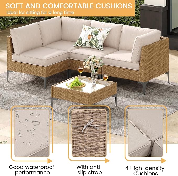 5 Piece Patio Furniture Set, Wicker Modular Outdoor Furniture with Thicker Cushions, Outdoor Couch Sofa for Garden, Poolside, Backyard, Beige