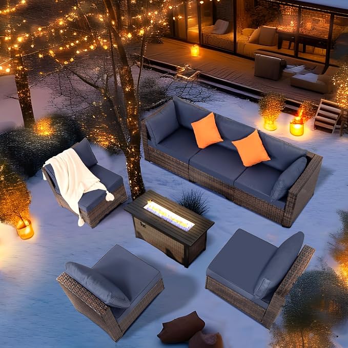 FHFO 14 Piece Outdoor Wicker Patio Furniture Set, Brown/Blue | Sectional Sofa | All-Weather Hand-Woven Rattan | Tempered Glass Coffee Table | Free Combination | Indoor & Outdoor Use