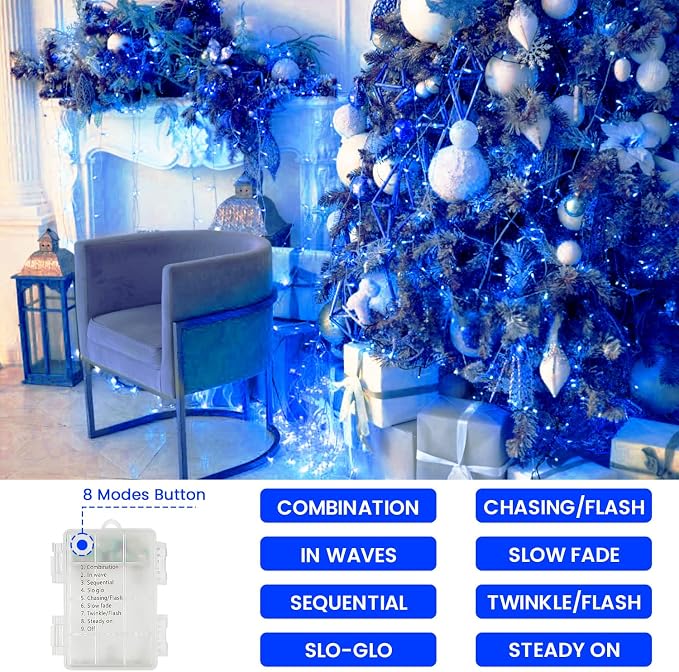 2 Pack 200 LED Battery Operated String Lights, Twinkle Fairy Lights Blue | 66FT 8 Modes Battery Lights Indoor Outdoor with Timer, Waterproof Christmas Lights for Bedroom Party Porch Tree Holiday Decor