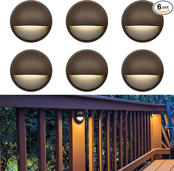 Low Voltage LED Deck Lights, Outdoor Post Railing Lighting, Landscape 12V Fence Step Fixture Lights, UL Listed, Brown 3000K, 6 Pack