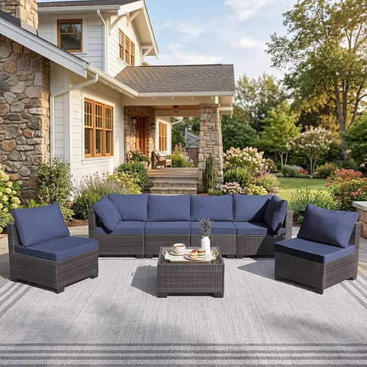 ANJ 7 Piece Outdoor Wicker Patio Furniture Set, Modular Loveseat Sofa with with Glass Top Coffee Table, All-Weather Rattan Conversation Couch Set for Balcony, Backyard, Dark Brown Wicker-Blue