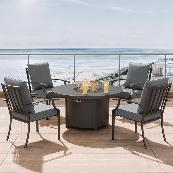 ALAULM 5-Piece Outdoor Dining Set for 4 Metal Outdoor Patio Furniture with 40000 BTU Round Fire Pit Table for Patio, Backyard, Garden-Grey