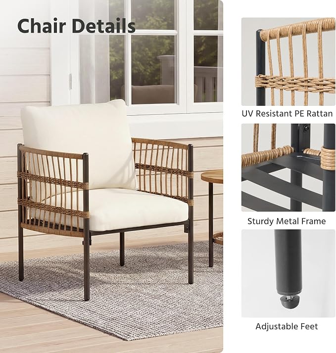 LAUSAINT HOME 5-Piece Outdoor Patio Furniture, All-Weather Wicker Patio Conversation Set with Thick Cushions and 2-Tier Coffee Table for Patio, Balcony, Backyard, Beige