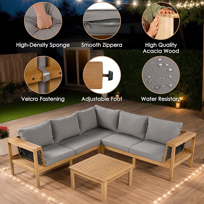 GDFStudio 4-Piece Outdoor Patio Sofa Set, L-Shaped Acacia Wood Seating with Coffee Table, Woven Mesh Armrests, Cushioned Conversation Set with Removable Pillows for Garden, Deck, Balcony, Gray