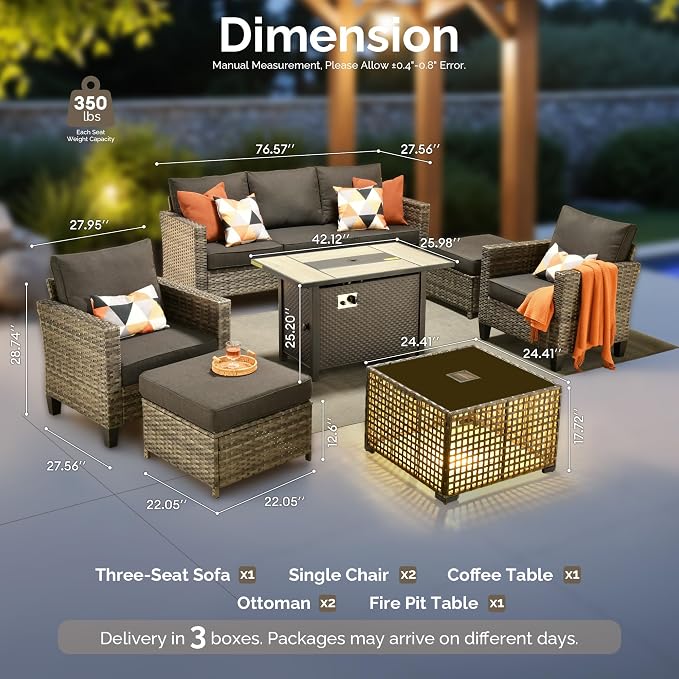 7 Piece Wicker Patio Furniture Set with Firepit Table, Black | Outdoor Deep Seating Sofa Chair Ottoman, Firepit, Solar Lights Table, Modern Conversation Set, Porch Deck Backyard
