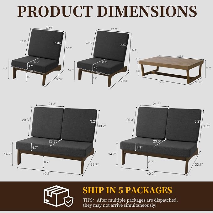 5 Pieces All Weather Wood Patio Furniture Sets, 2 Patio Loveseat, 2 Patio Bistro Chair, Outdoor Sectional Sofa Furniture Backyard Conversation Set with Coffee Table - Dark Gray
