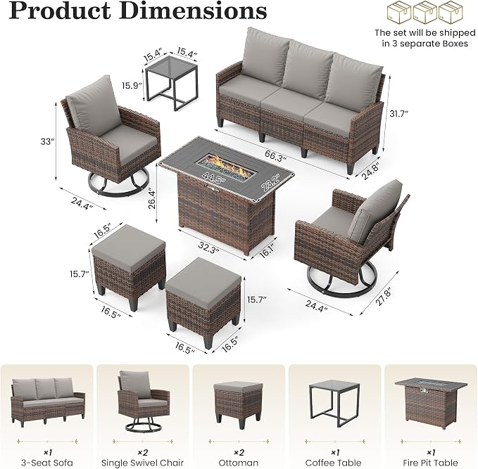 Amopatio Patio Furniture Set with Fire Pit Table,7 Pieces Conversation Sofa with 360° Swivel Chairs, All Weather Wicker Outdoor Furniture for Backyard Garden Pool Deck,Grey