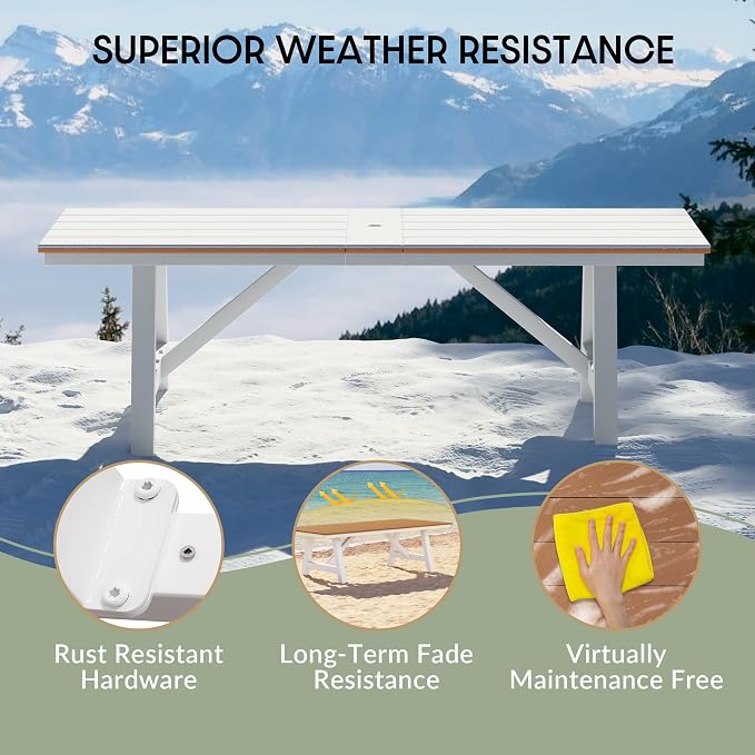 WestinTrends Cape May 90" HDPE Rectangle Outdoor Patio Dining Table with Umbrella Hole and Metal Frame, Teak