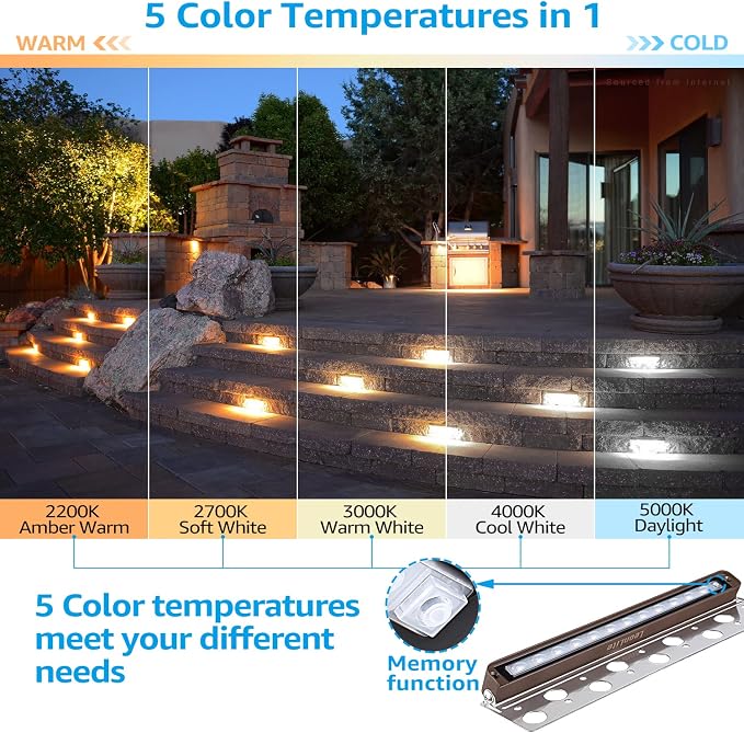 LEONLITE 8-Pack 5CCT 12 Inch LED Hardscape Lighting, 2200K-5000K | LED Landscape Lighting, 12-24V AC/DC Paver Light Low Voltage Retaining Wall Lights, 7W Outdoor Step Lights, ETL