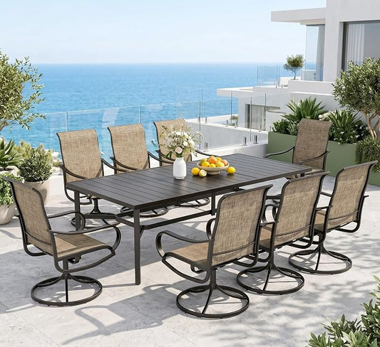 Sophia & William Outdoor Dining Set for 8 Patio Dining Sets 9 Pieces Patio Table and Chairs Set with 8 × Swivel Textilene Chairs and 82" Large Metal Table for Deck Garden Pool All Weather (Brown)