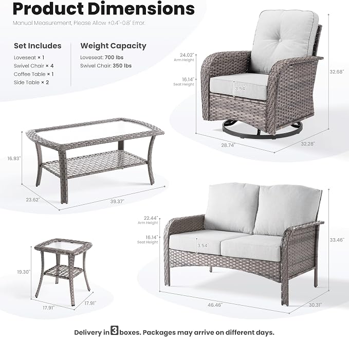 ovios 8-Piece Patio Furniture Set, Outdoor Wicker Sofa with Swivel Chairs Coffee Table, High Back Rattan Couch Loveseat with Comfy Cushions for Porch Yard Deck, Grey