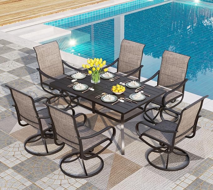 PHI VILLA Patio Dining Set 7 Piece, Outdoor Table and Chairs Set with 6 Padded Textilene Swivel Patio Chair & 60" x 38" Large Rectangular Metal Dining Table(1.57" Umbrella Hole)