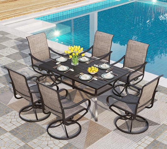 PHI VILLA Patio Dining Set 7 Piece, Outdoor Table and Chairs Set with 6 Padded Textilene Swivel Patio Chair & 60" x 38" Large Rectangular Metal Dining Table(1.57" Umbrella Hole)