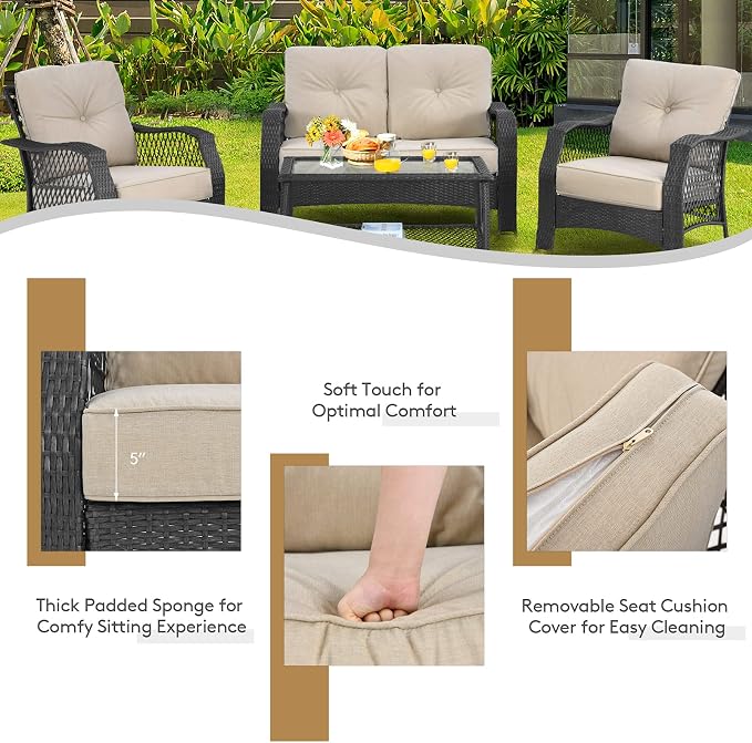 Tangkula 4 Pieces Outdoor Patio Furniture Set, Patiojoy PE Wicker Conversation Sofa Set with Tempered Glass Coffee Table, Sectional Rattan Patio Sofa Set for Garden, Backyard, Poolside (Beige)
