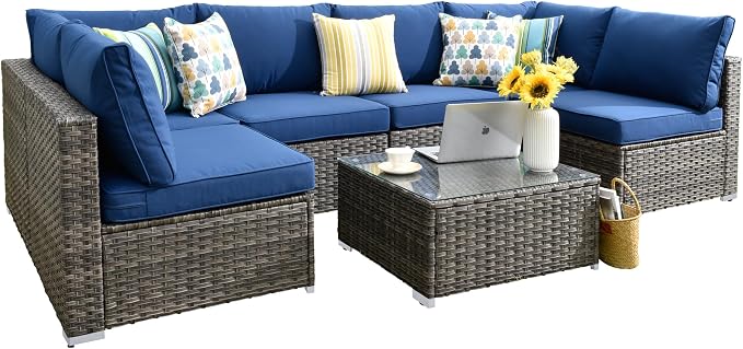 HOOOWOOO 7 Piece Patio Sectional Furniture Set,Modern Wicker Outdoor Conversation Sofa Sets,Weather Resistant Modular L Shaped Outside Couch Table Set(Charcoal Gray)
