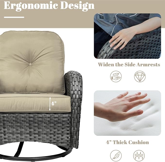 Patio Furniture Conversation Set with Ottomans, 5 Piece Wicker Patio Swivel Rocking Chairs with 360° Swivel Glider and Glass Coffee Table for Porch, Deck, Garden,Beige