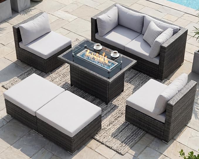 RADIATA 7 Piece Wicker Patio Furniture Set with Fire Pit, All-Weather Outdoor Sectional Couch High Back Large Size, Modular Backyard Seating Sofa Set with Propane/Natural Gas Firepit Table, Light Grey