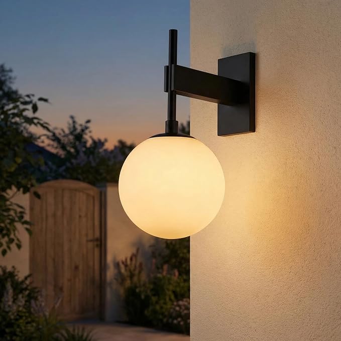 Hyunbae Modern Globe Outdoor Wall Sconce, 18.1" Large Black Porch Lights | E26 Front Porch Light, White Globe Glass Shade, IP65 Waterproof Exterior Lighting Fixtures, Garage Patio Entryway Use