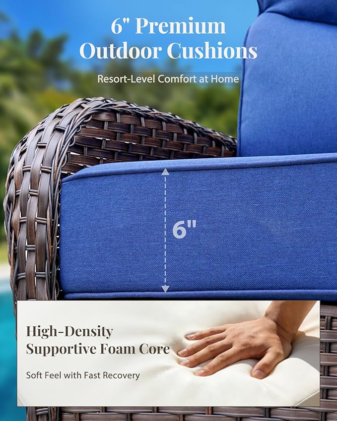 Patio Furniture Set with Luxury 6" Cushions, 6 Pieces Swivel Rocking High Back Patio Chairs, Outdoor Wicker Conversation Set for Deck, Porch, Backyard, Poolside, Blue