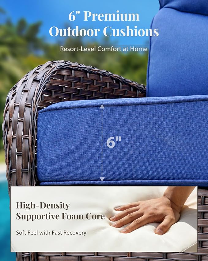 Patio Furniture Set with Luxury 6" Cushions, 6 Pcs Swivel Rocking Patio High Back Chairs and Couch, Outdoor Wicker Conversation Set for Deck, Porch, Backyard, Poolside, Blue
