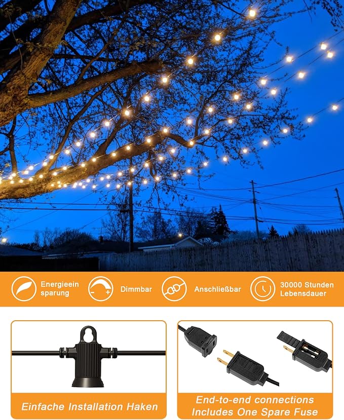 Zuske Outdoor String Lights, 100FT Patio Lights with 53 Shatterproof G40 Globe Bulb(3 Spare), Waterproof Connectable Dimmable LED Hanging Lights for Outside Backyard Porch Balcony Gazebo (2x50FT)