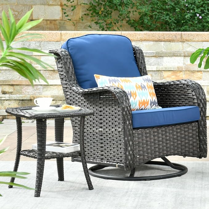 ovios Outdoor Side Table with Tempered Glass Top, Patio Wicker Rattan Bistro Coffee Tables with 2 Tiers Storage for Porch Deck Balcony Garden Poolside, Brown