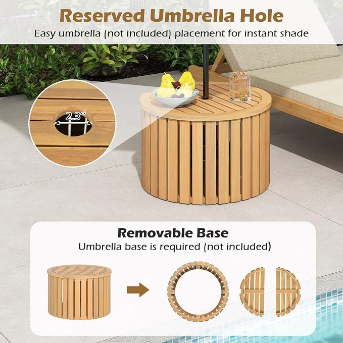 HAPPYGRILL Outdoor Side Table with Umbrella Hole, Acacia Wood End Table with Storage, Removable Base, Patio Storage Box for Backyard, Balcony, Poolside (Round)