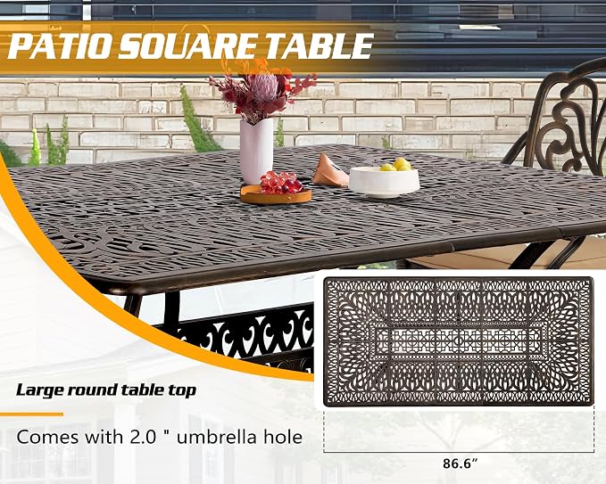 TITIMO 9-Piece Cast Aluminum Patio Furniture Set, Outdoor Patio Dining Set Bistro Conversation Set, Rectangular Dining Table Set w/Cushions Umbrella Hole (Khaki-Fixed Elizabeth Chair, 9 Pcs)