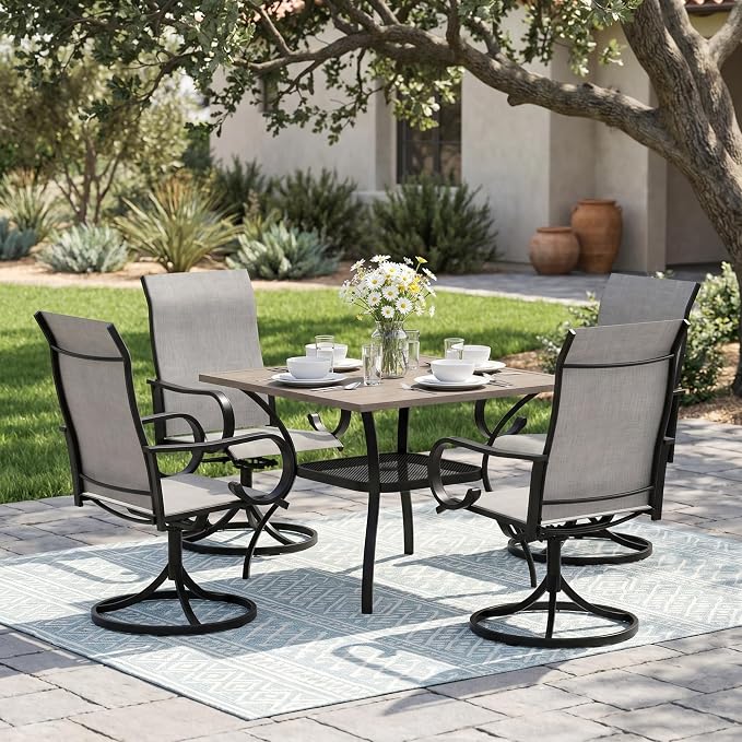 5 Pieces Patio Dining Set, 4 Outdoor Swivel Dining Chairs with 37.8" Square Metal Outdoor Dining Table with Umbrella Hole for Garden Backyard Deck, Grey