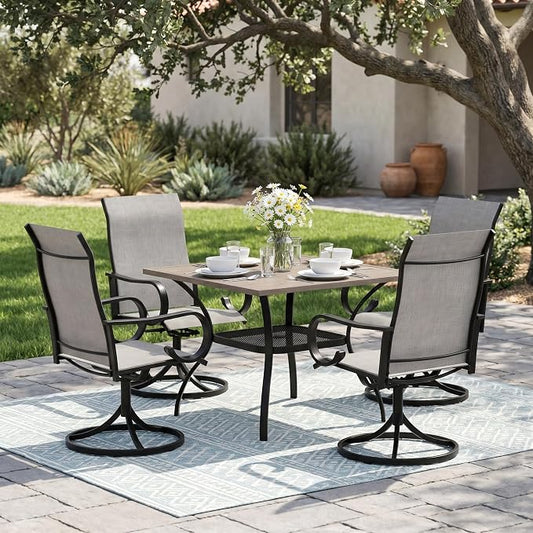 5 Pieces Patio Dining Set, 4 Outdoor Swivel Dining Chairs with 37.8" Square Metal Outdoor Dining Table with Umbrella Hole for Garden Backyard Deck, Grey