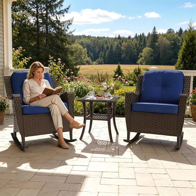 3 Pieces Patio Rocking Chairs, 2 High Back PE Rattan Furniture Set and Side Table, Outdoor Wicker Furniture Set, All Weather Patio Set with Waterproof Cushion for Porch and Deck