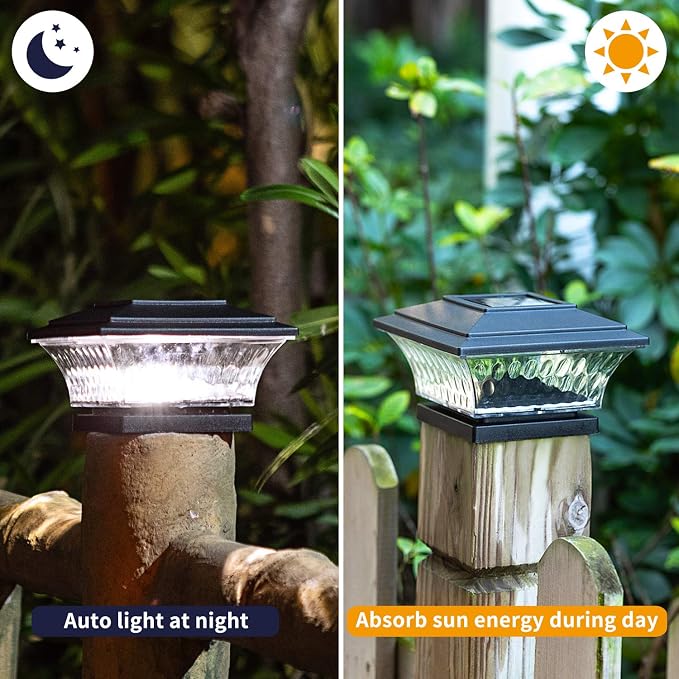 HUYIENO Solar Post Cap Lights Outdoor LED Lighting Deck Fence Cap Light Two Light Modes Warm White/Bright White Suitable for 4x4 Wooden Posts (Black, 12pk)