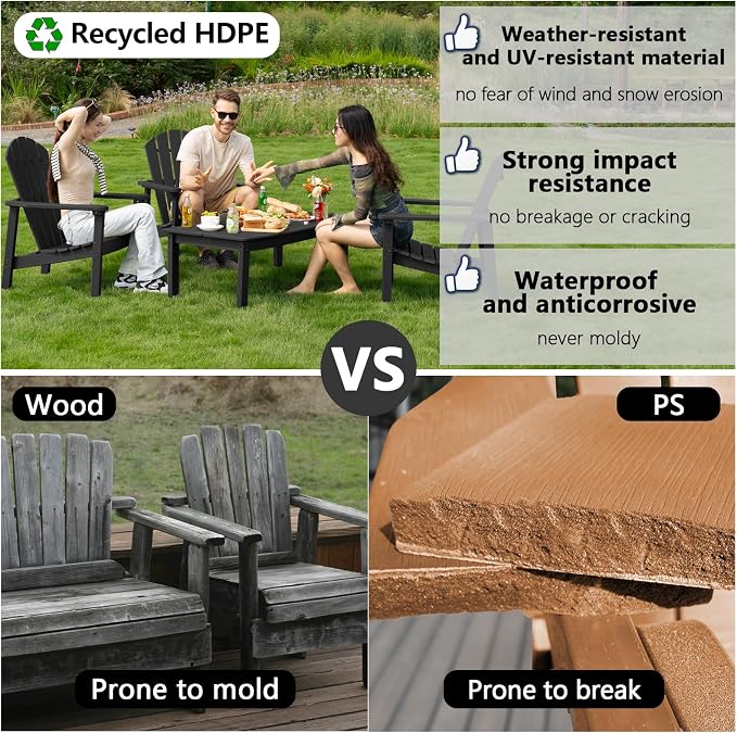 nevilywood Compact Stackable Adirondack Chairs Set of 4,HDPE,380lbs,Black | 26.3" Wide HDPE.All-Weather Outdoor.Maintenance-Free.Stackable for Storage.25°Curved Straight Backrest.Quick Assembly
