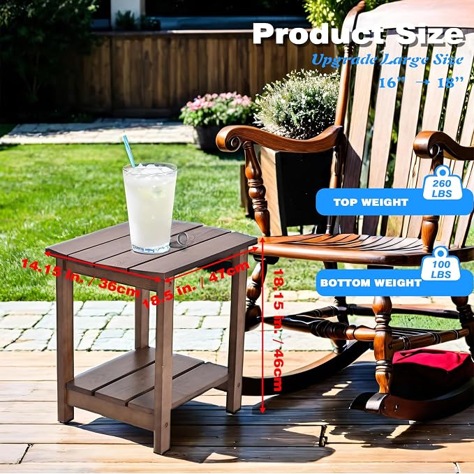 Outdoor Side Table, 2-Tier Small Outdoor Table for Patio, Adirondack Side Tables for Outside or Indoor (Dark Brown, 18 * 14 * 18.5)