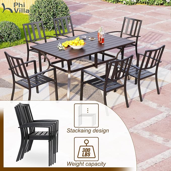 PHI VILLA 7 Pcs Patio Dining Set w/Umbrella, 6 Stackable Chairs | 60” Rectangular Metal Dining Table & 6 Stackable Metal Chairs & 13ft Large Beige Umbrella for Outdoor, Deck, Yard, Porch