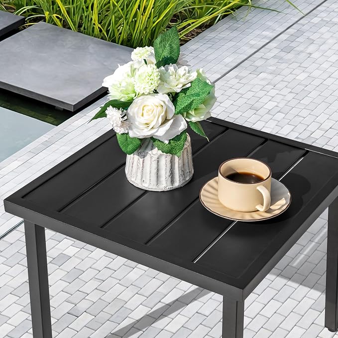 NUU GARDEN Outdoor Patio Side Table, Metal Side Table, Black | Features a slatted tabletop, adjustable feet and powder-coated metal construction for outdoor use and easy maintenance.
