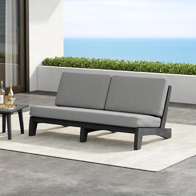 Outdoor Furniture Patio Couch, Weather Resistant 3-Seater Patio Sofa with Removable Cushion, Black Solid Wood Frame for Porch & Backyard Seating - Grey
