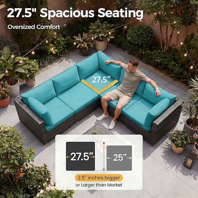 NICESOUL 11 Piece Outdoor Conversation Set, 29.3'' High Back Comfy Wicker Patio Sectionals with Fire Pit Table, Large Size Wide & Deep Seat Sofa Couches, 2 Color Cushion Teal & Gray