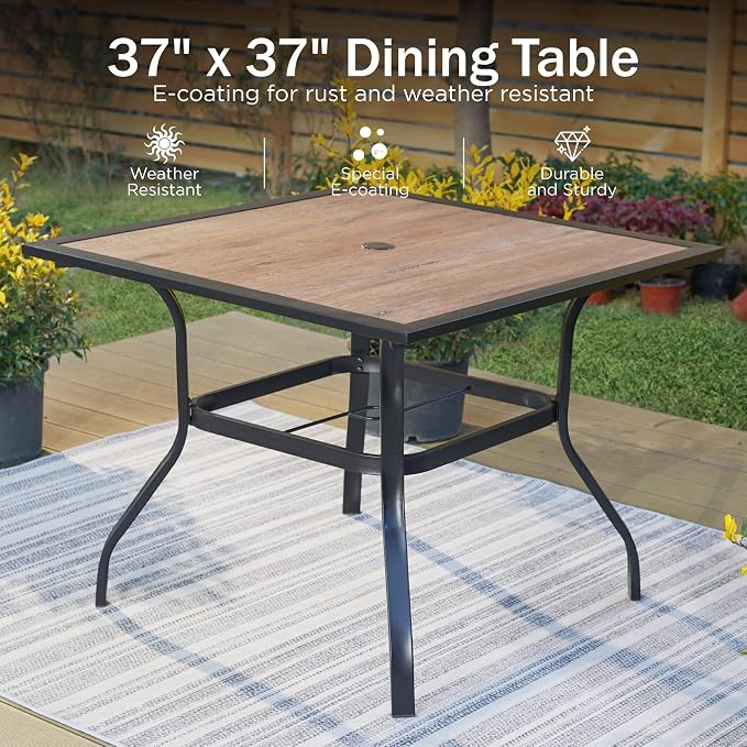 PHI VILLA Patio Dining Set for 4, Stackable Chairs& Square Metal Table | 37" Black Table&Stackable Wrought Iron Chairs,Outside Furniture Set for Deck, Porch, Backyard