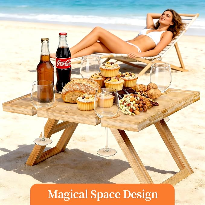 Portable Picnic Table, Folding Wine Picnic Table with 5 Wine Glasses Holder, Small Champagne Snack Cheese Table for Camping Beach Park