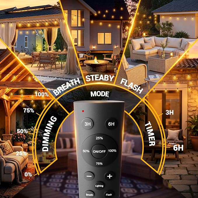 200FT Outdoor String Lights with Remote, Waterproof Patio Lights with 72+2 Shatterproof LED Bulbs,Dimmable Hanging Decor for Backyard Garden Porch Bistro, Timer & 3 Modes,2700K Warm White