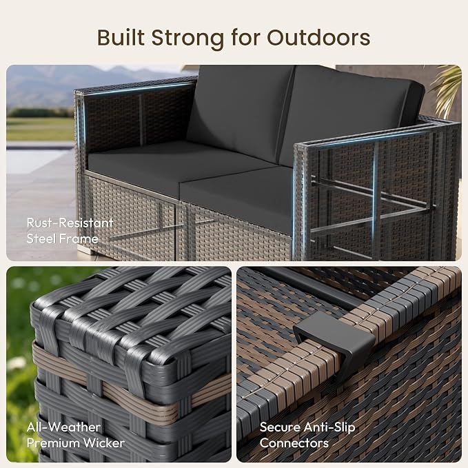 Patio Furniture Set - All-Weather -5 Piece Outdoor Patio Conversation Couch Sets, Modular Wicker Rattan Sectional Sofa for Garden, Patio, Poolside, Backyard, Balcony, Porch,Medium Gray